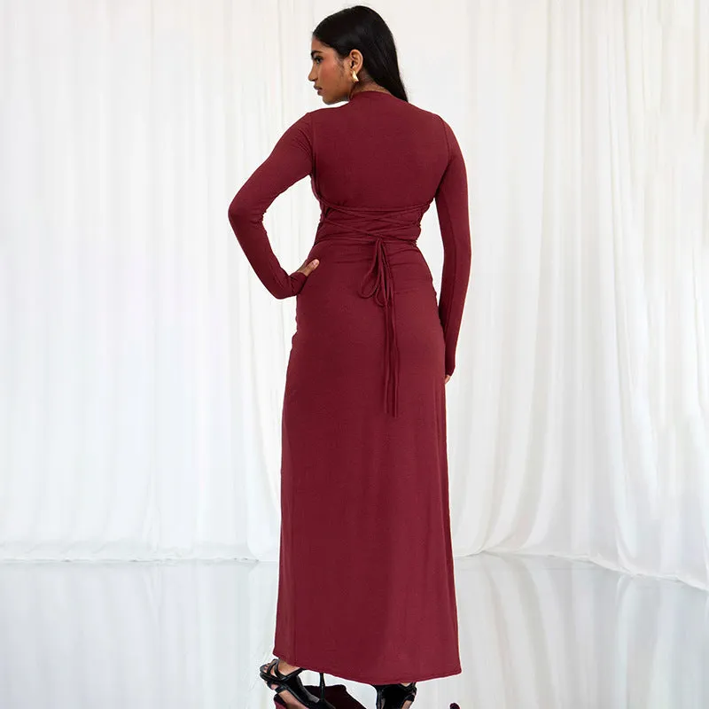 Aimee Sexy Long Sleeve Lace-up Thigh Spilt Maxi Dress