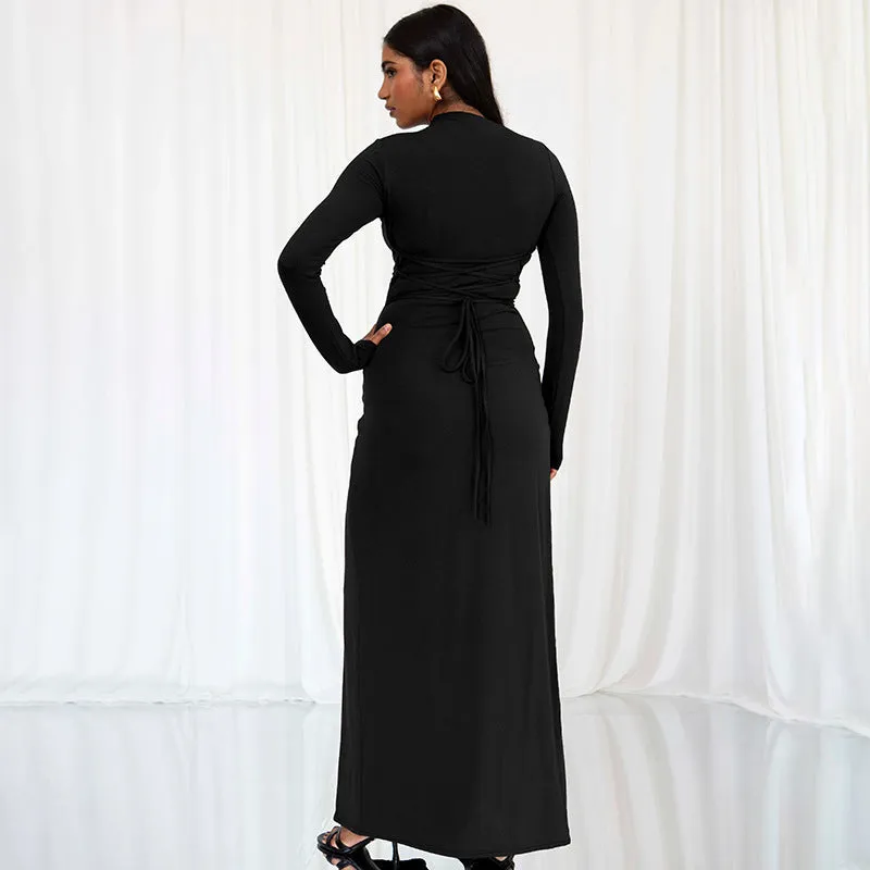 Aimee Sexy Long Sleeve Lace-up Thigh Spilt Maxi Dress