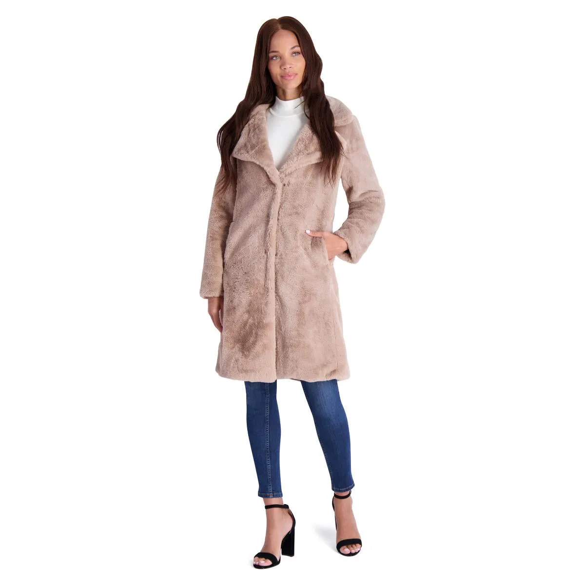 Avec Les Filles Women’s Mid-Length Faux Fur Coat with Notch Lapel