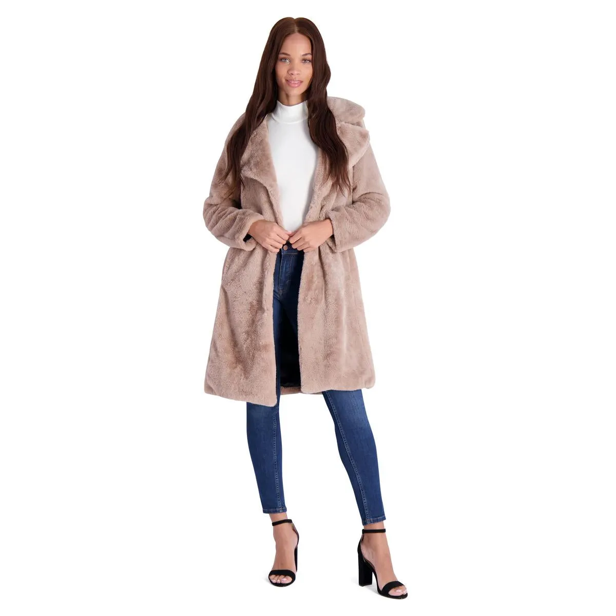 Avec Les Filles Women’s Mid-Length Faux Fur Coat with Notch Lapel