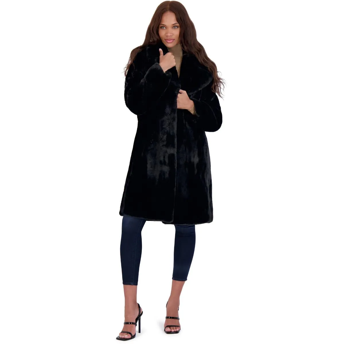 Avec Les Filles Women’s Mid-Length Faux Fur Coat with Notch Lapel
