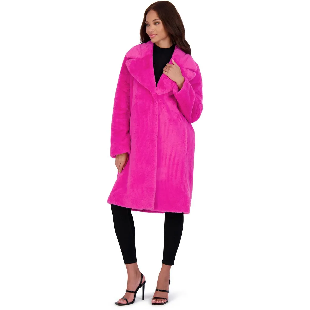 Avec Les Filles Women’s Mid-Length Faux Fur Coat with Notch Lapel
