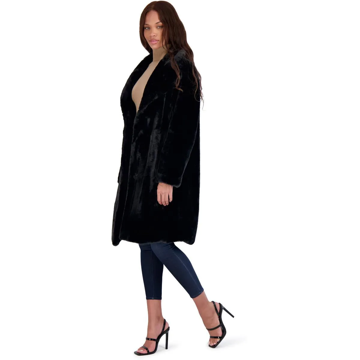 Avec Les Filles Women’s Mid-Length Faux Fur Coat with Notch Lapel