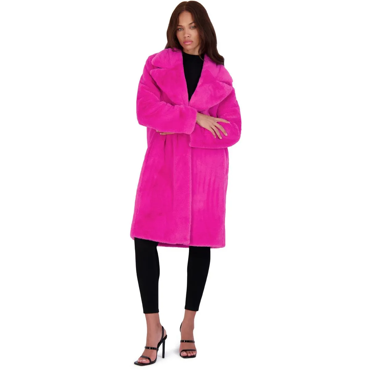 Avec Les Filles Women’s Mid-Length Faux Fur Coat with Notch Lapel