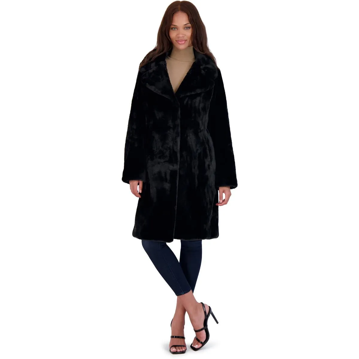 Avec Les Filles Women’s Mid-Length Faux Fur Coat with Notch Lapel