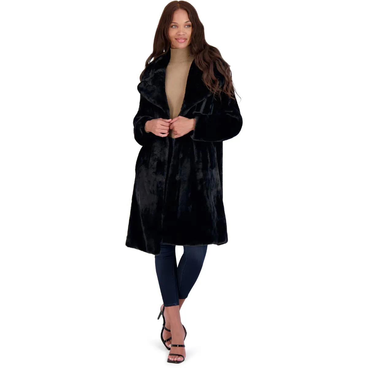 Avec Les Filles Women’s Mid-Length Faux Fur Coat with Notch Lapel