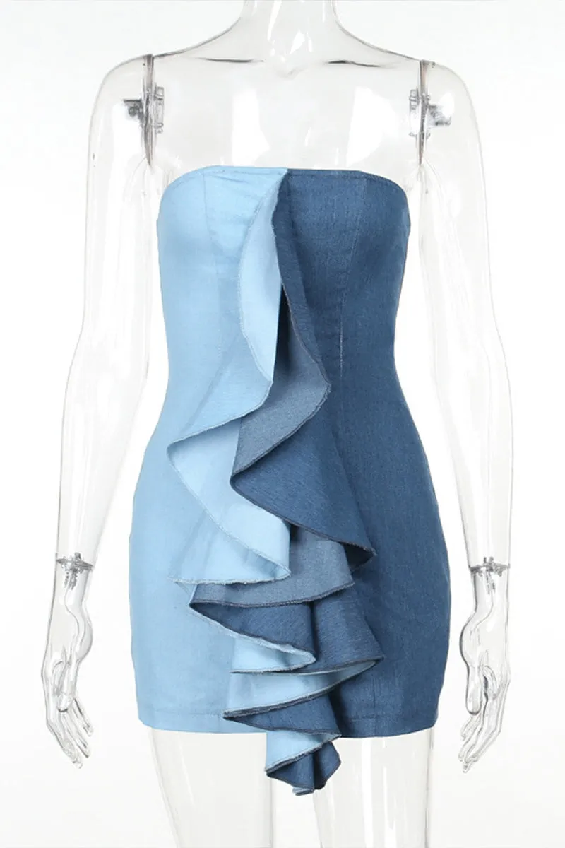 BH0156 Two Tone Denim Tube Dress