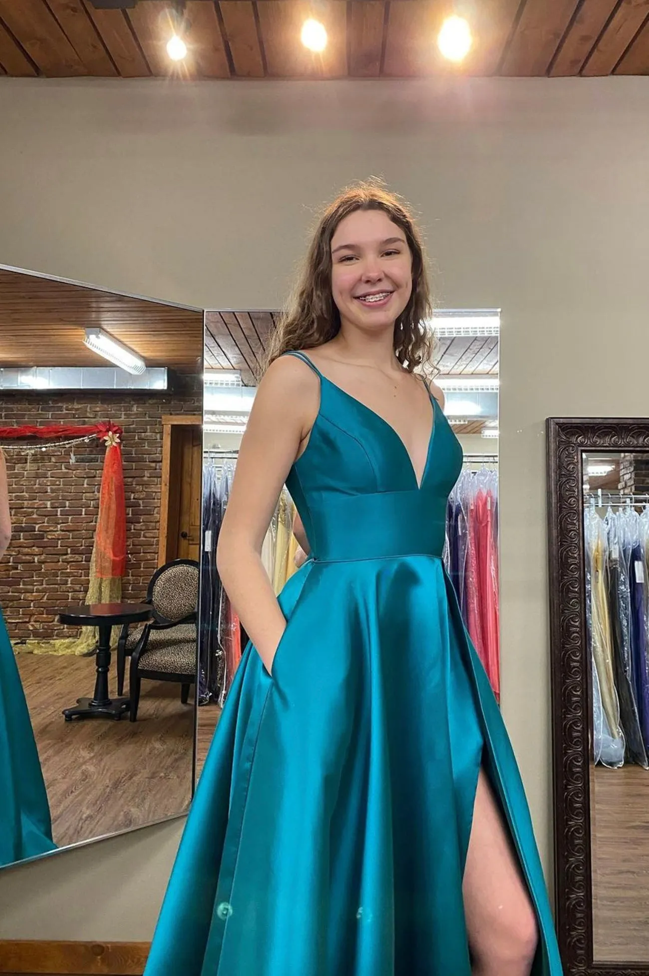 Blue Spaghetti Strap Satin Long Prom Dress, A-Line Lace Up Evening Dress