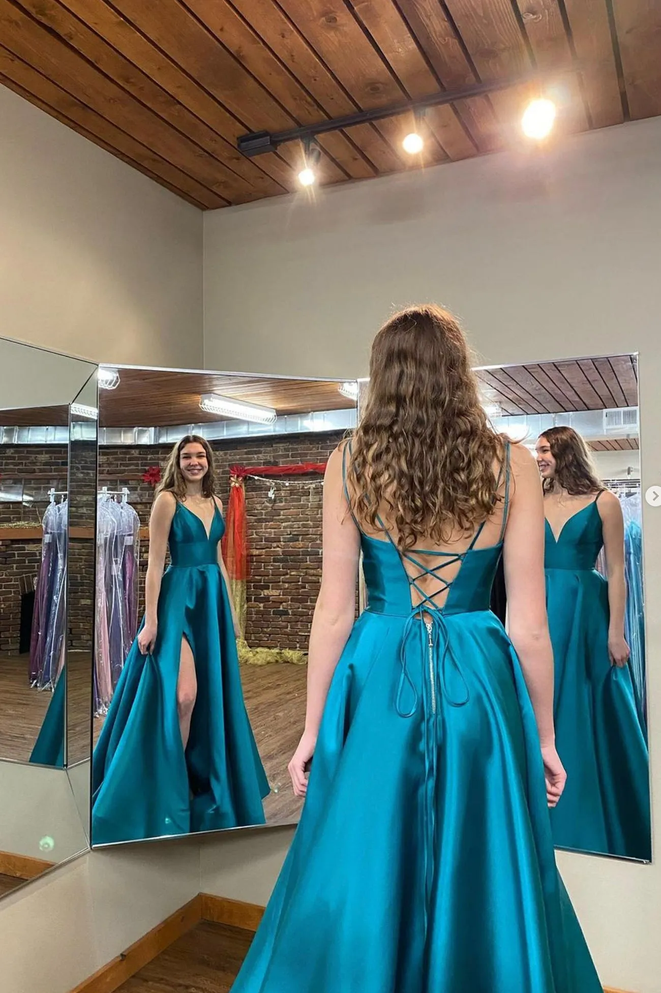 Blue Spaghetti Strap Satin Long Prom Dress, A-Line Lace Up Evening Dress