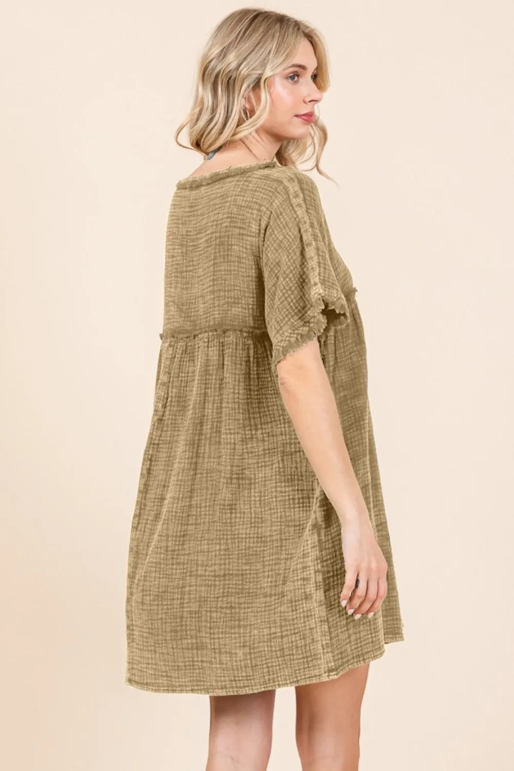 Blue Zone Planet |  Culture Code Full Size Short Sleeve Babydoll Texture Dress with Pockets