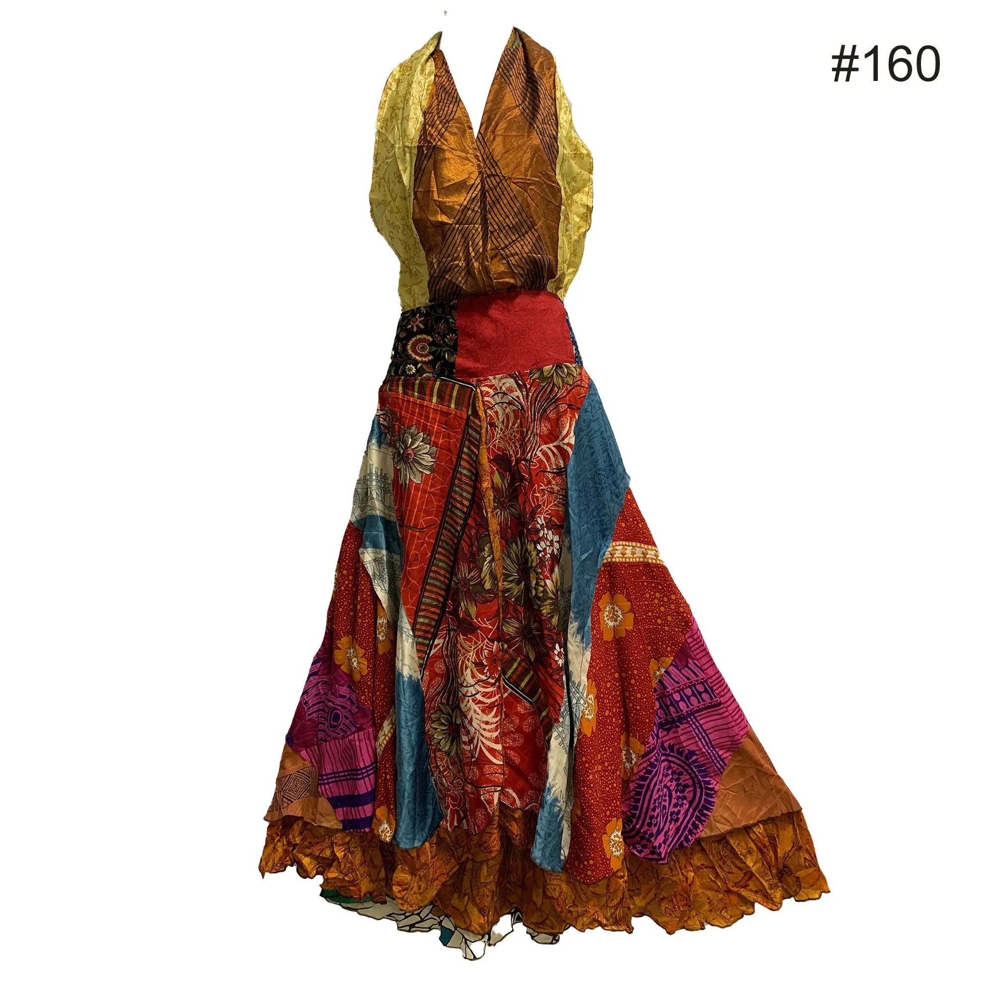 Boho Handmade Patchwork Fair Trade Halter Neck Indian Silk Sari Long Dress