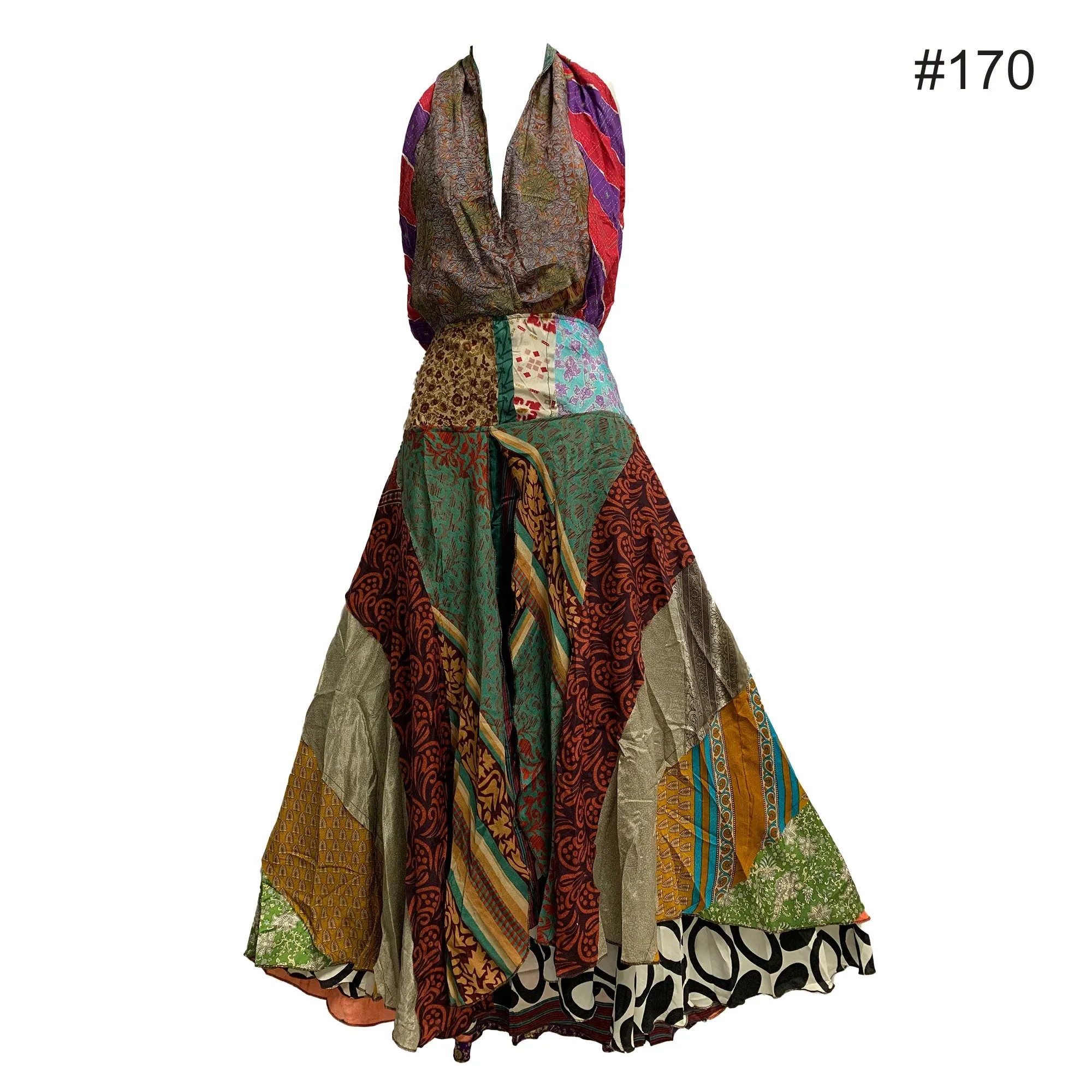 Boho Handmade Patchwork Fair Trade Halter Neck Indian Silk Sari Long Dress