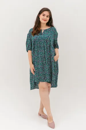 Bridget Tie Neck Keyhole Babydoll Dress In Green Floral