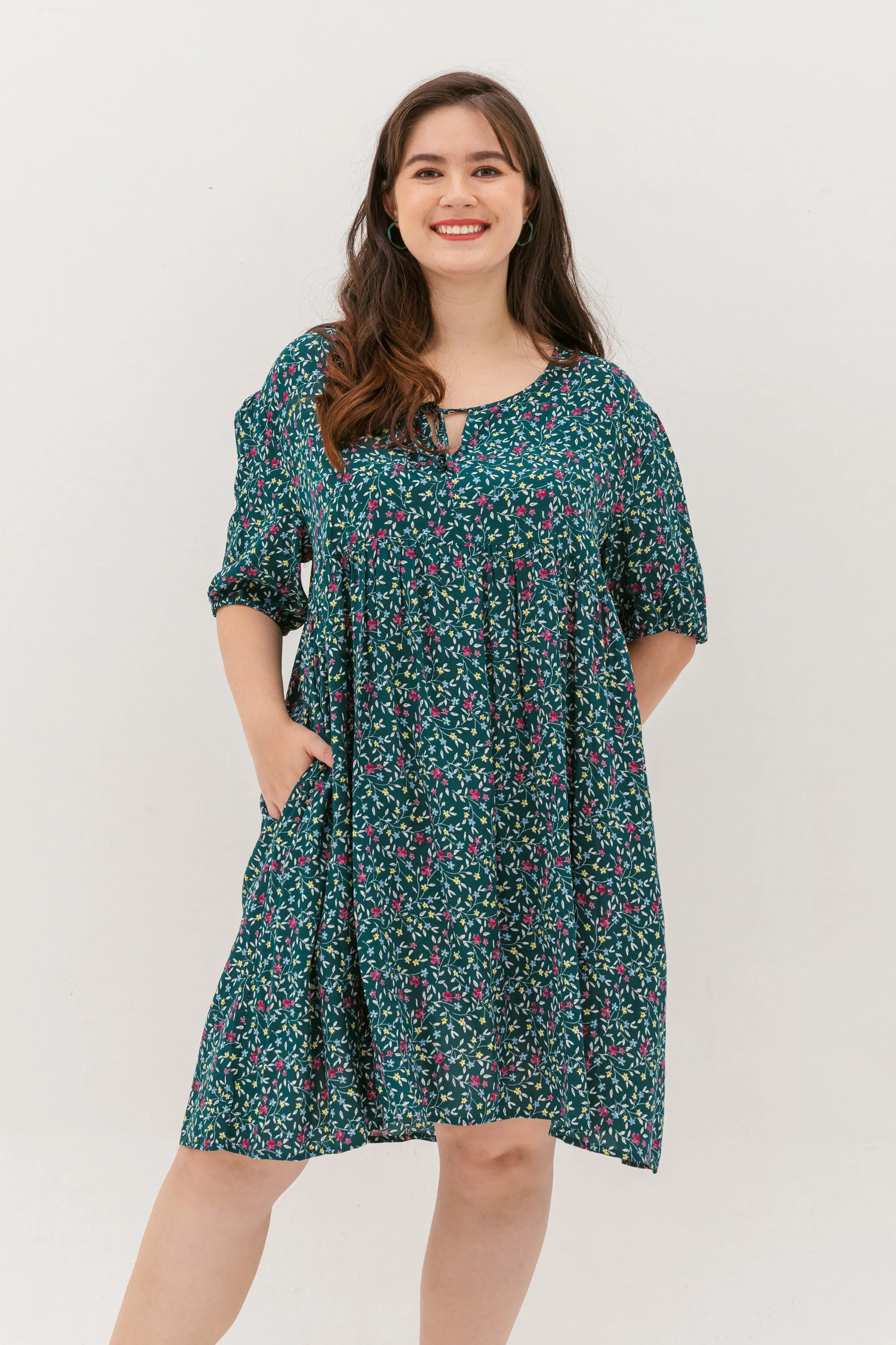 Bridget Tie Neck Keyhole Babydoll Dress In Green Floral