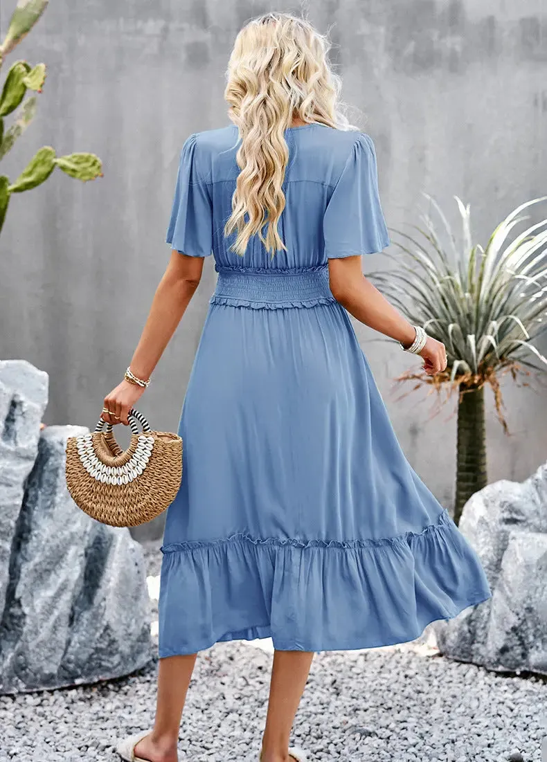 Country Blue V Neck Dress