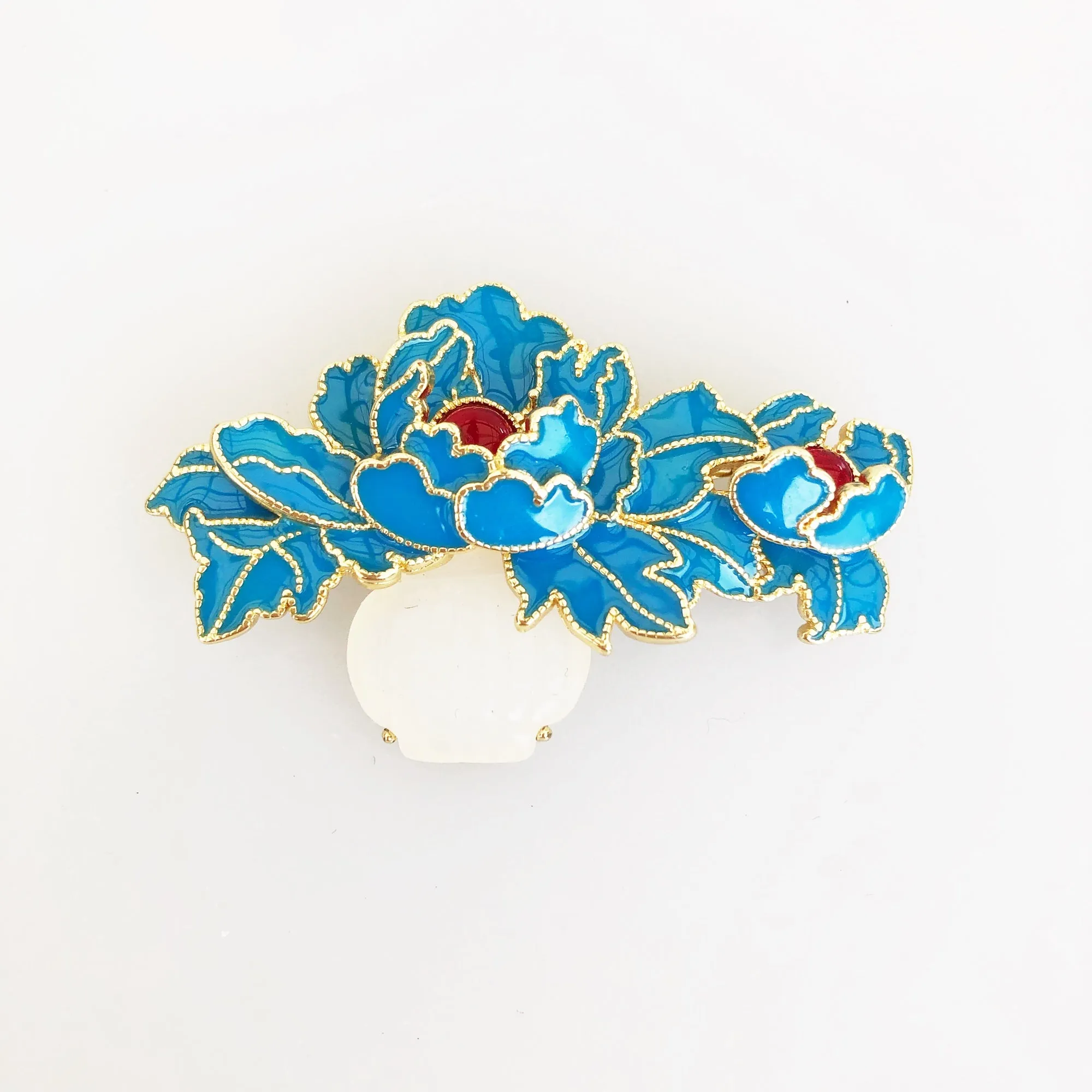 Enamel Tree Peony Brooch with White Jade