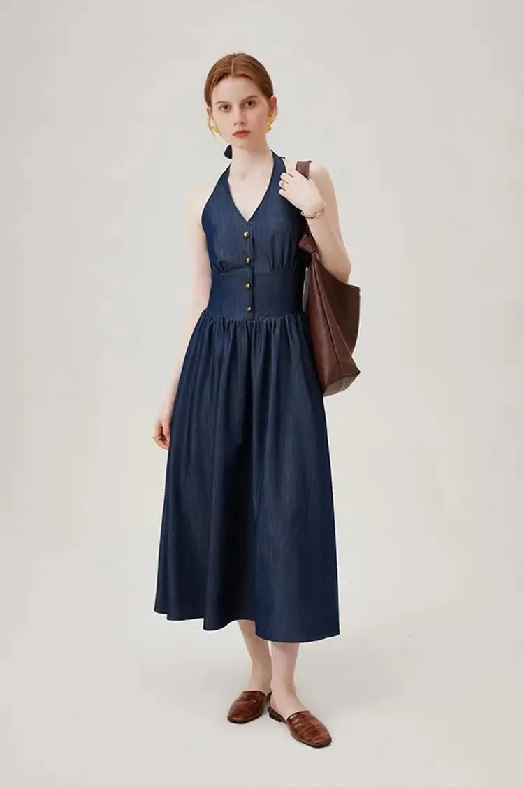 Fit and Flare Denim Halter Midi Dress