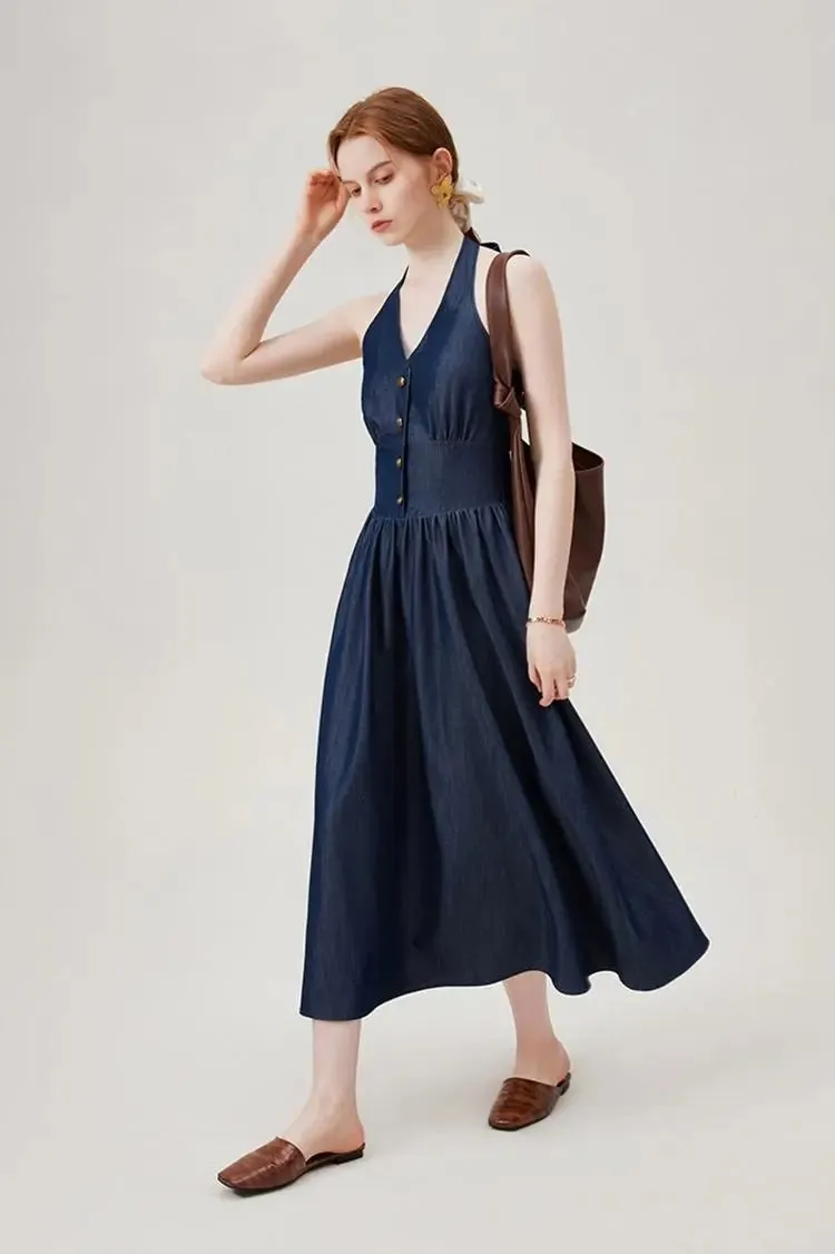 Fit and Flare Denim Halter Midi Dress