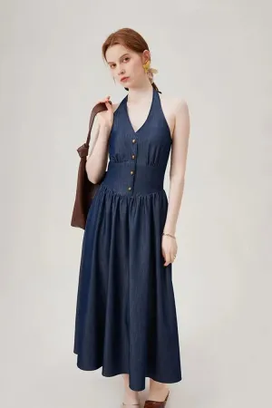 Fit and Flare Denim Halter Midi Dress
