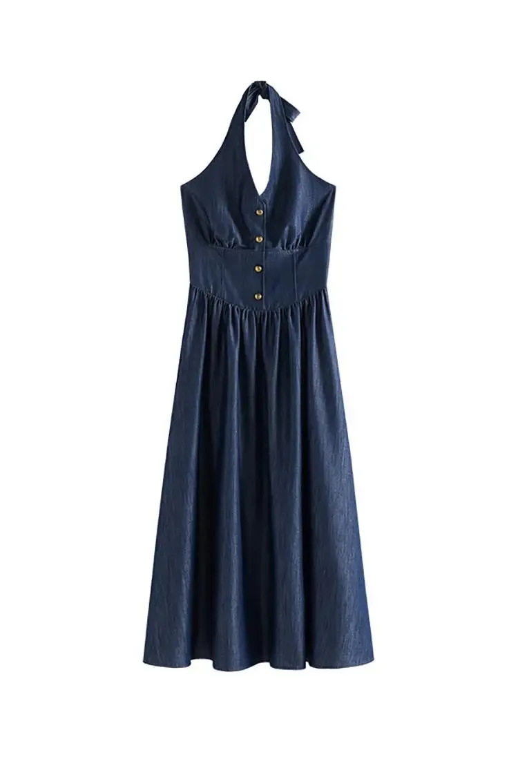 Fit and Flare Denim Halter Midi Dress