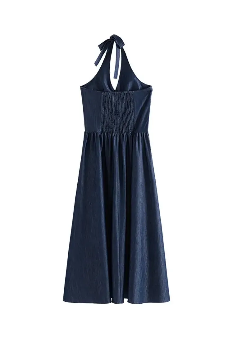 Fit and Flare Denim Halter Midi Dress