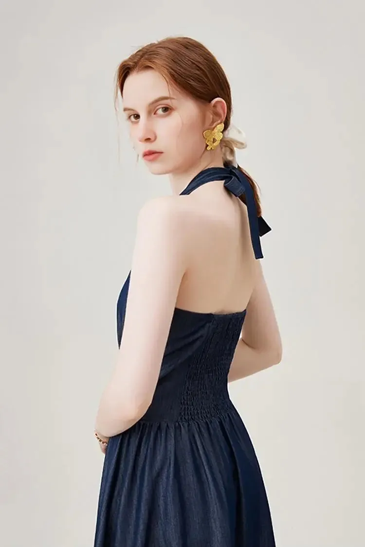 Fit and Flare Denim Halter Midi Dress