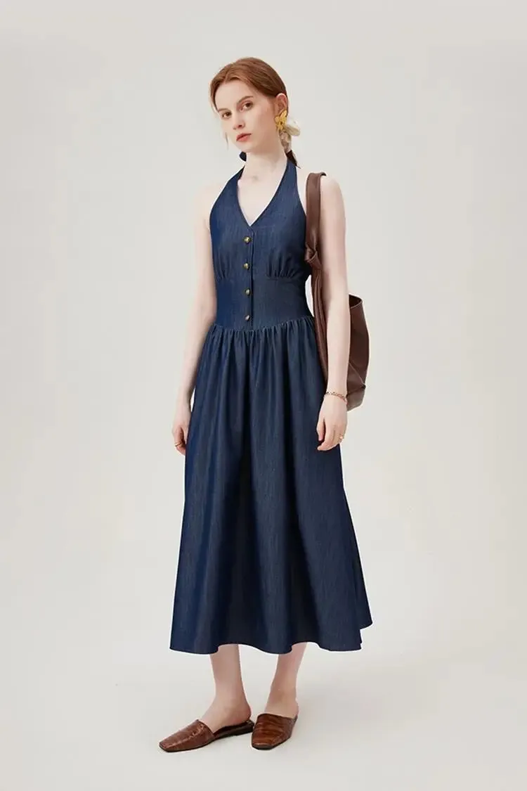 Fit and Flare Denim Halter Midi Dress