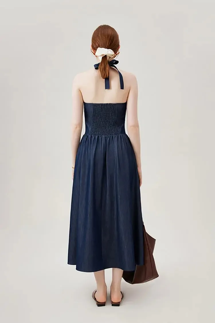 Fit and Flare Denim Halter Midi Dress