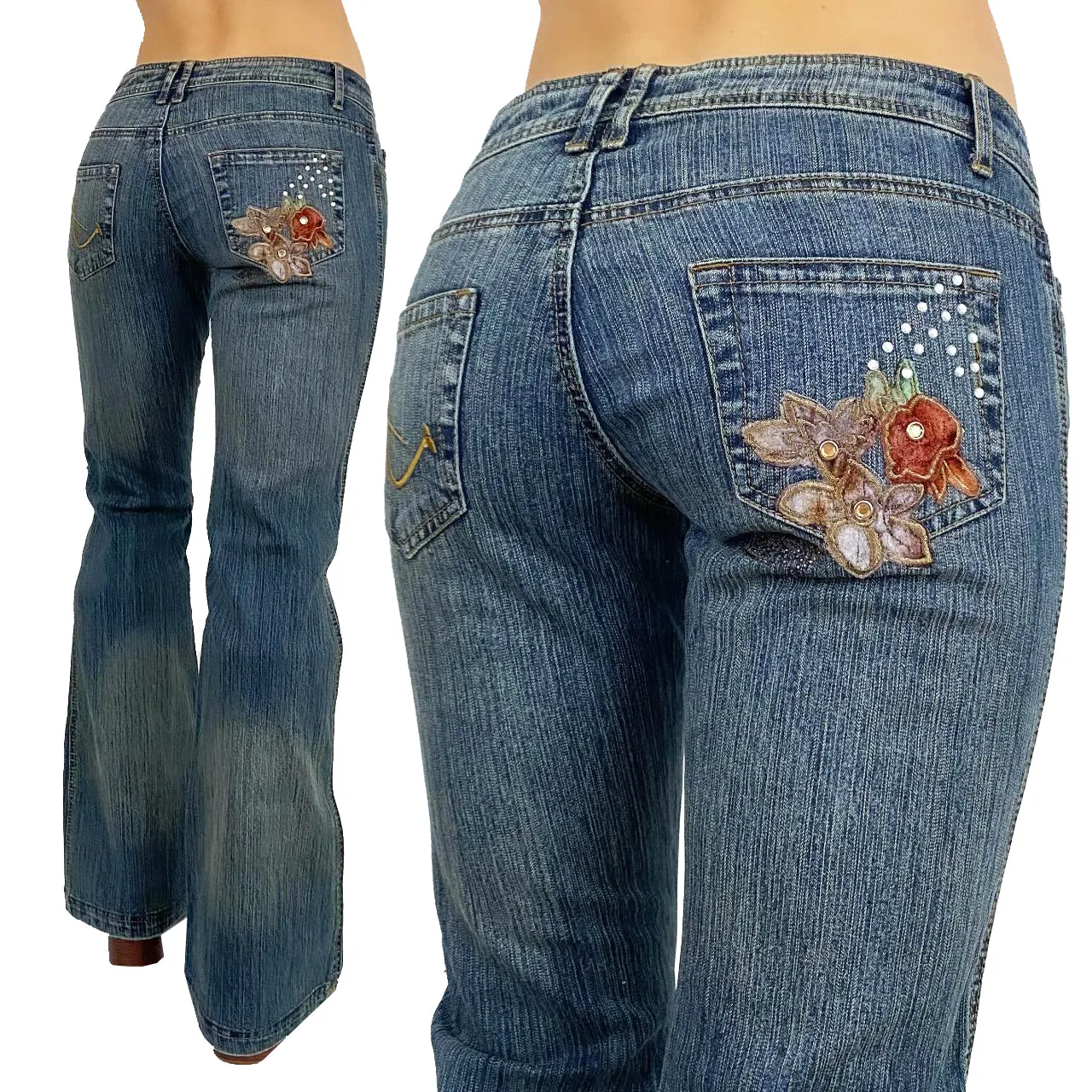 Floral Embellished Low Rise Flare Jeans (XS)