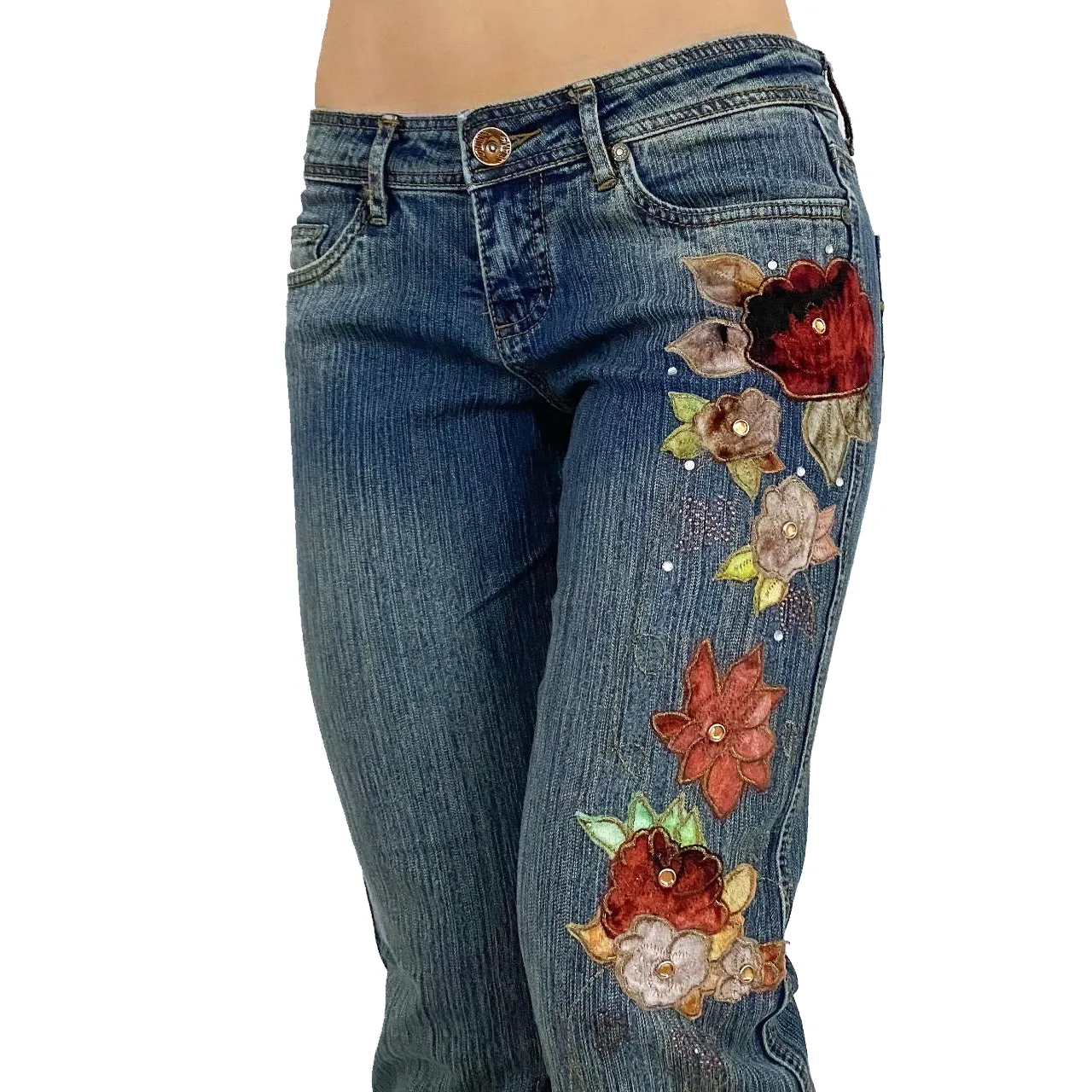 Floral Embellished Low Rise Flare Jeans (XS)