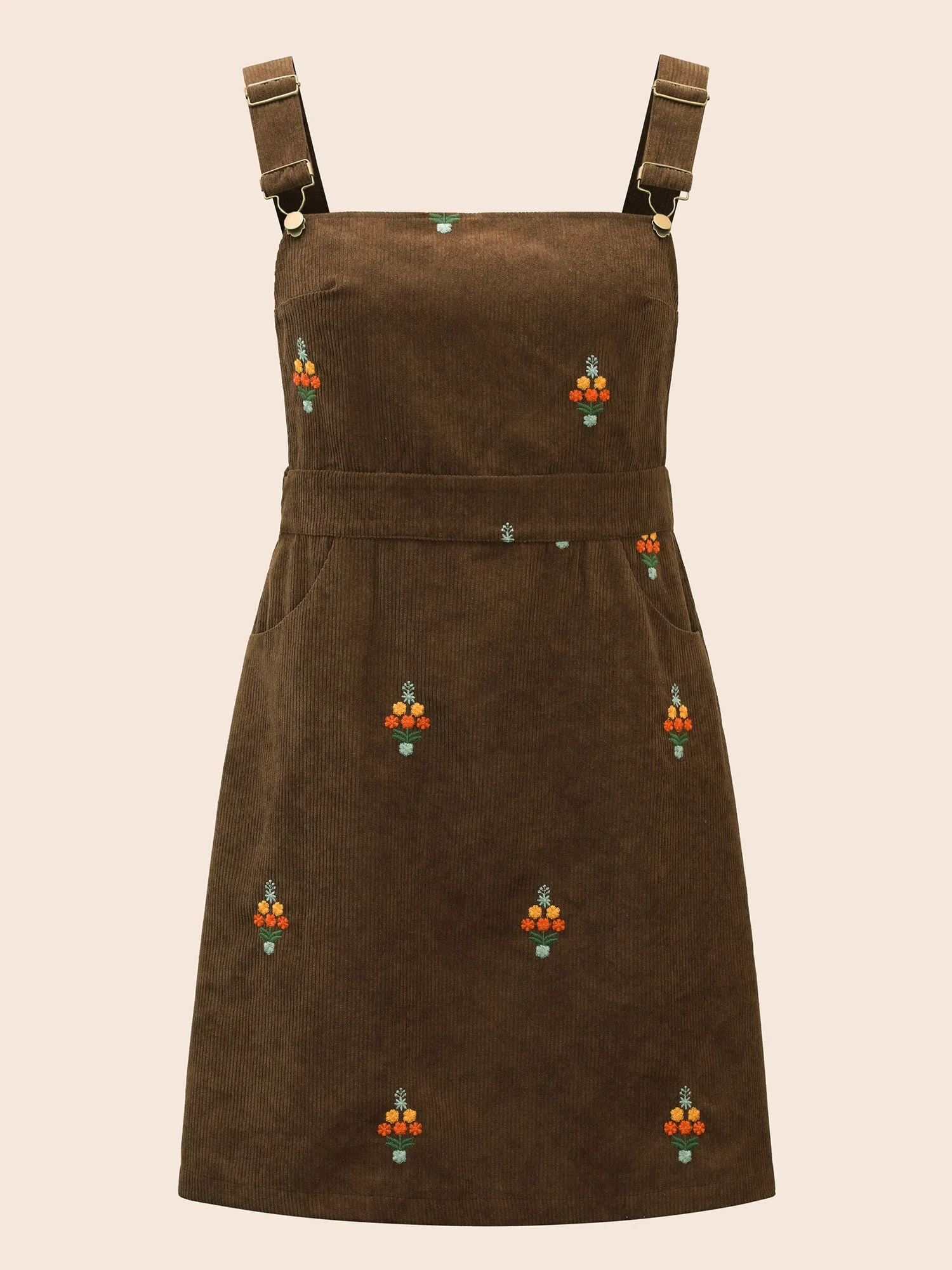 Floral Embroidered Corduroy Overall Dress