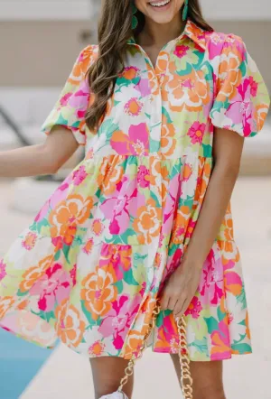 Floral Puff Sleeve Collar Buttoned Babydoll Dress