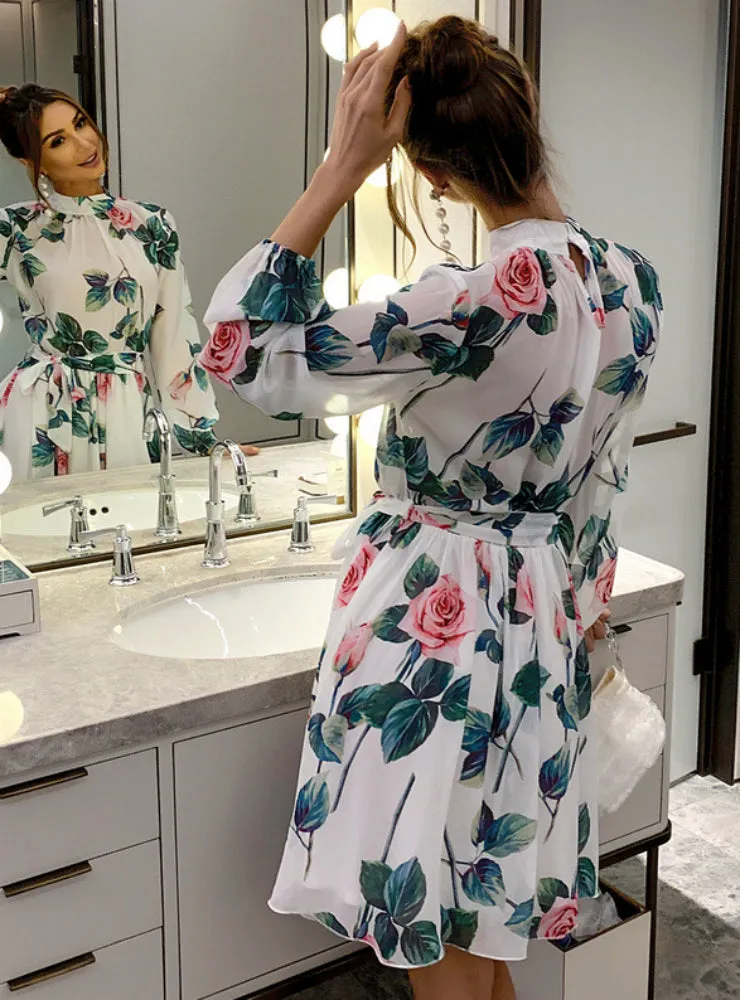 Floral Round Neck Floral Skirt Long Sleeve Chiffon Dress