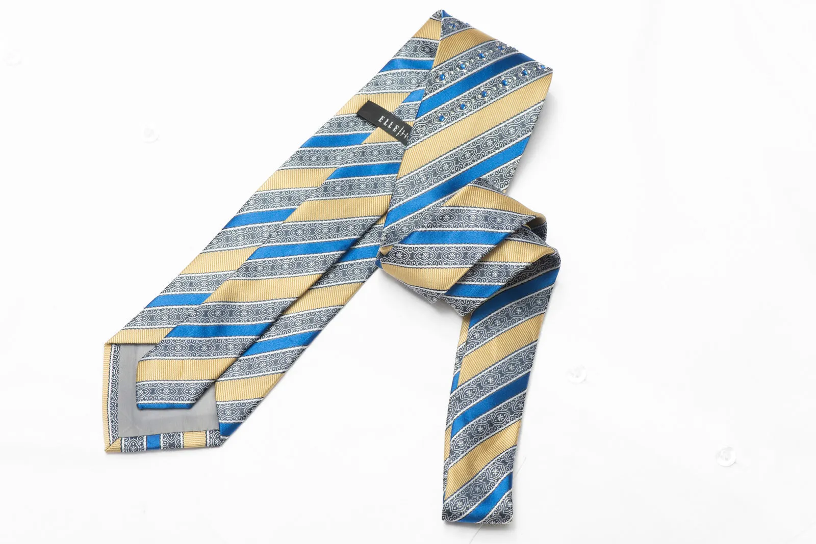 Gold Blue Silver Cartouche Striped Rhinestone Silk Necktie