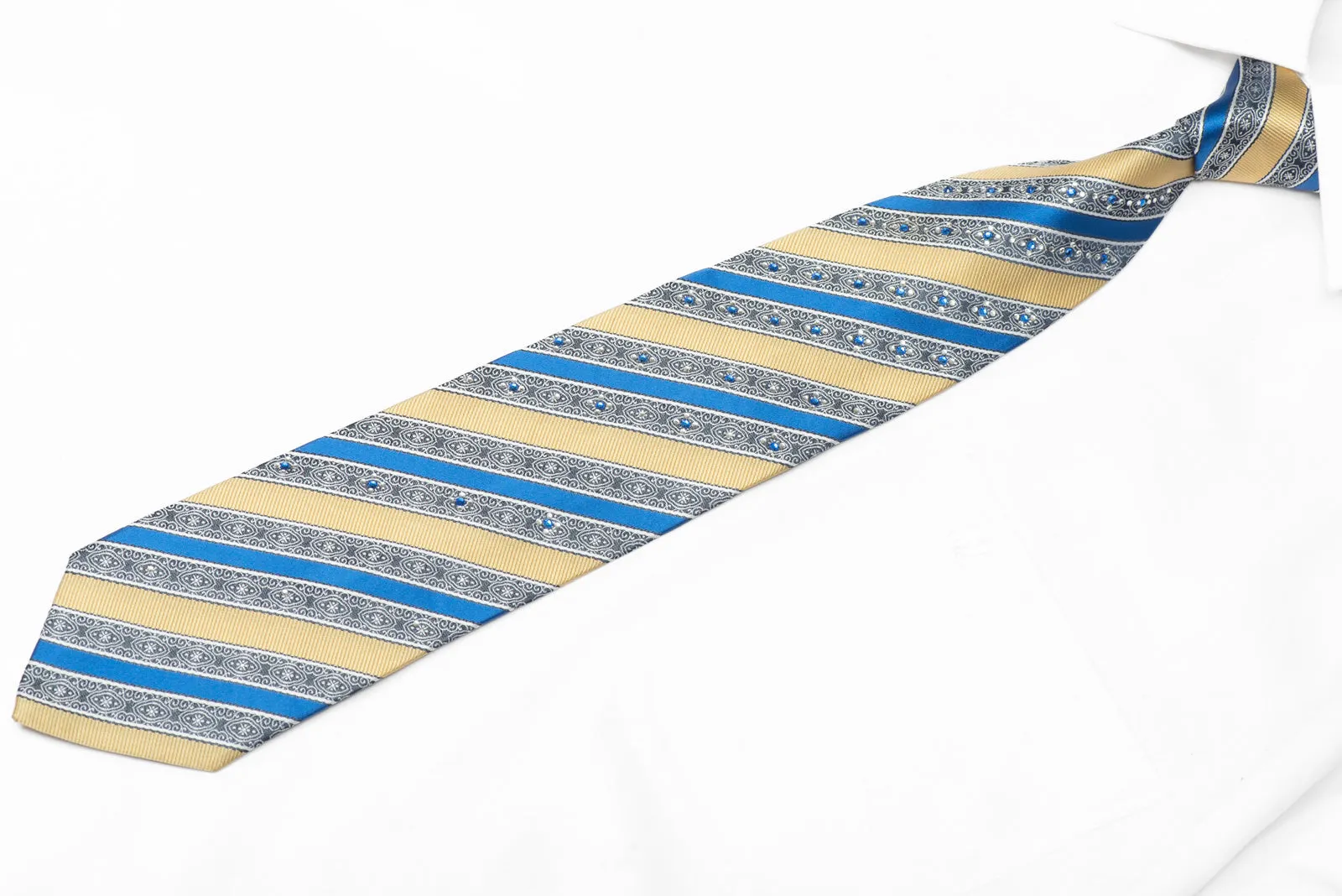 Gold Blue Silver Cartouche Striped Rhinestone Silk Necktie