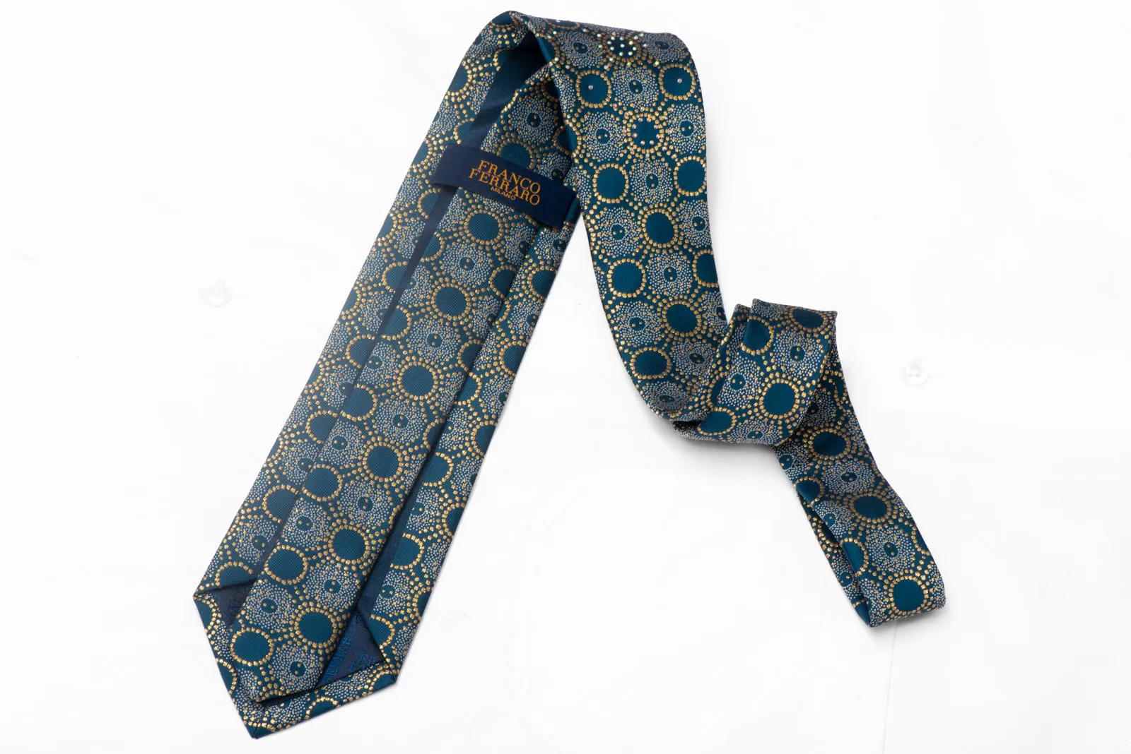 Gold Silver Medallions On Turquoise Rhinestone Silk Tie With Gold Sparkles