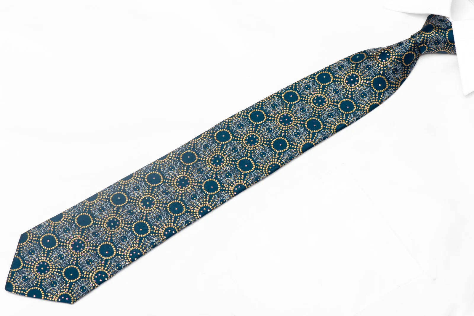 Gold Silver Medallions On Turquoise Rhinestone Silk Tie With Gold Sparkles