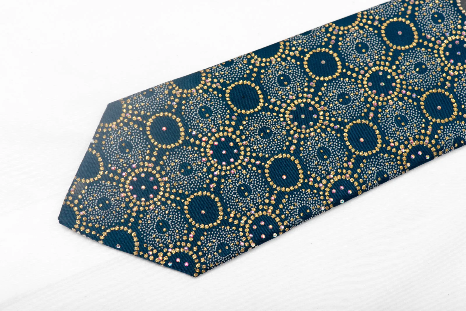 Gold Silver Medallions On Turquoise Rhinestone Silk Tie With Gold Sparkles