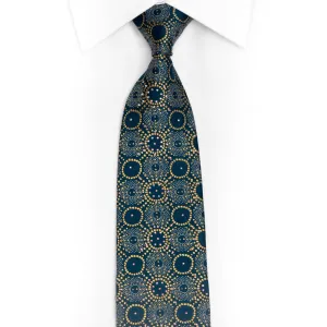 Gold Silver Medallions On Turquoise Rhinestone Silk Tie With Gold Sparkles