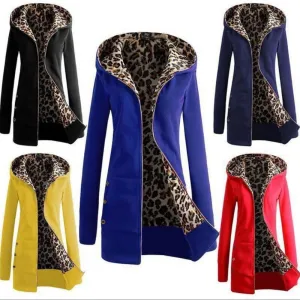 Hooded Thickening Leopard Print Sweater Plush Coat Female
