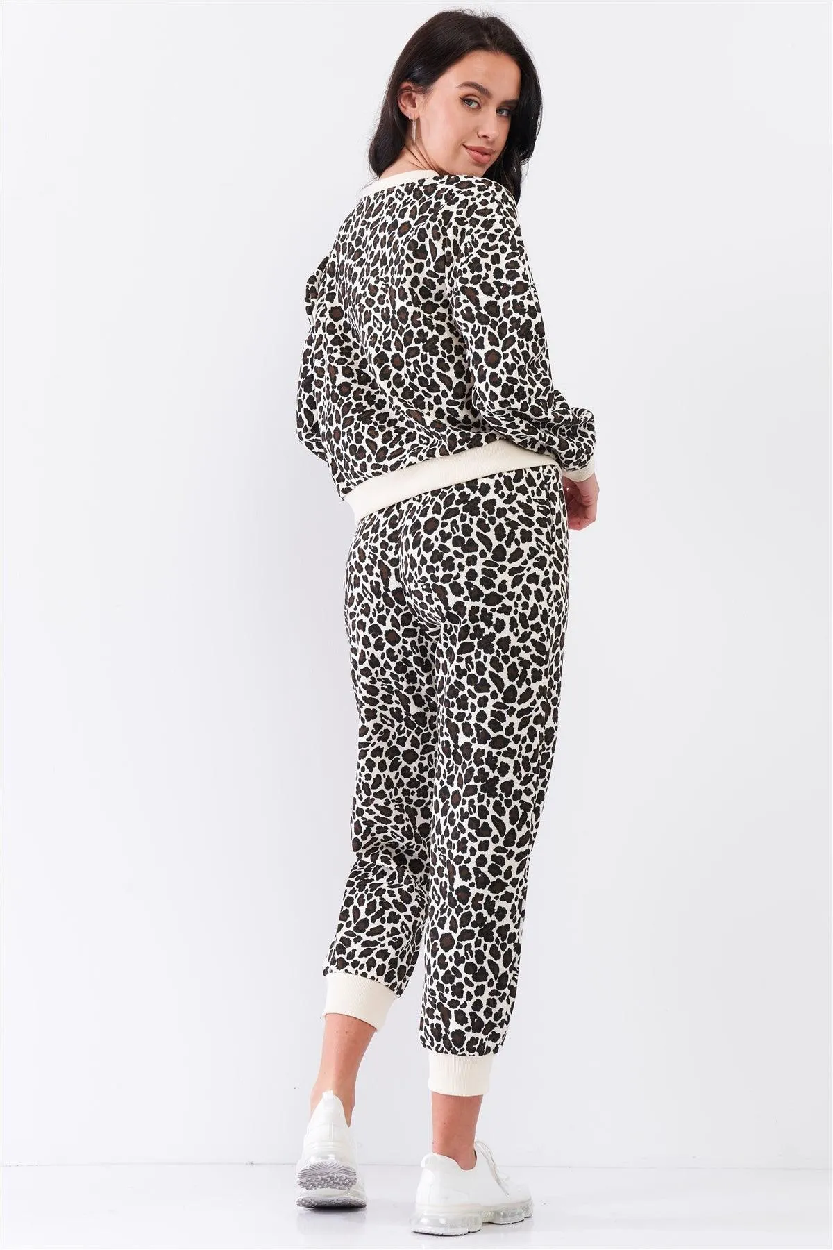 Ivory & Black Leopard Oversized Rib Cuff Round Neck Long Sleeve Top High Waisted Jogger Pants Set /3-2-1