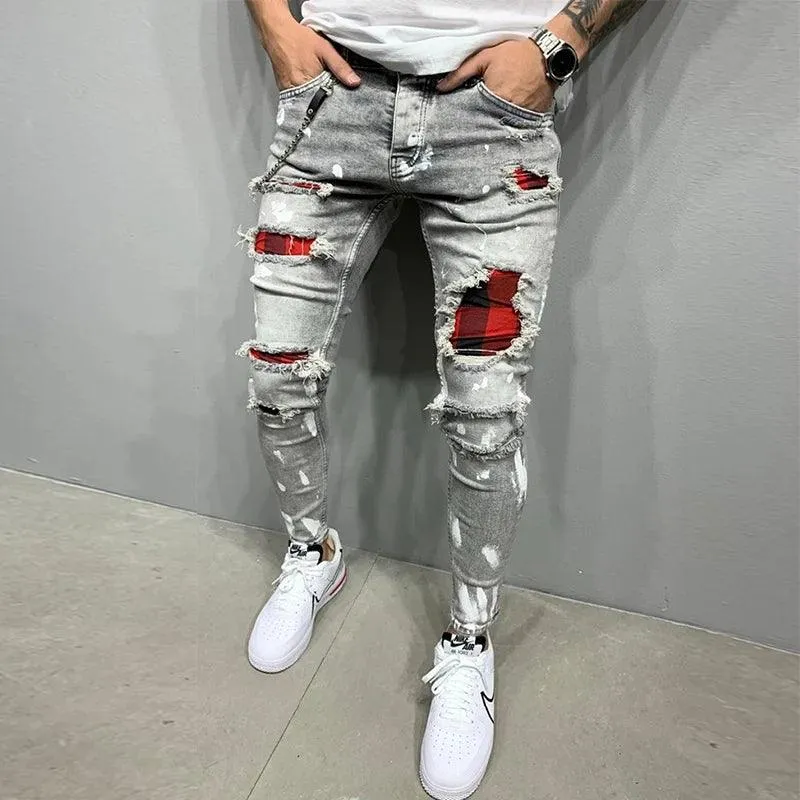 New Skinny Ripped Jeans w/ Grid Hole Plaid Patches