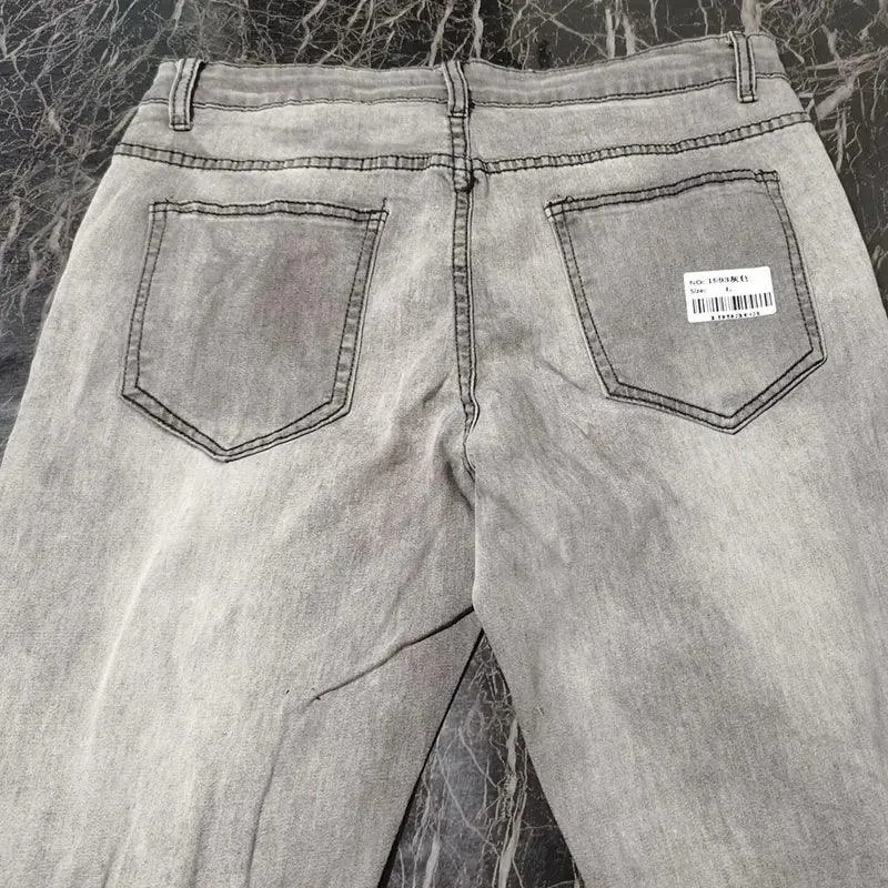 New Skinny Ripped Jeans w/ Grid Hole Plaid Patches