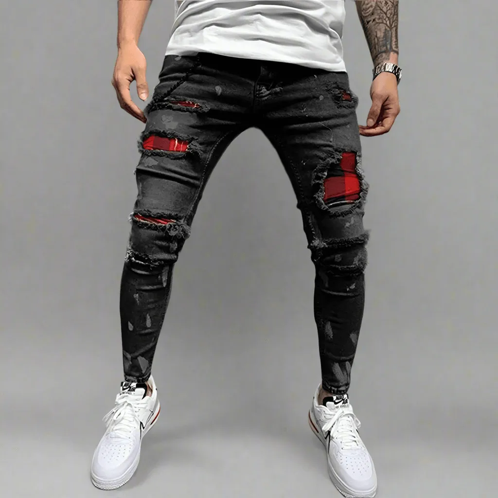 New Skinny Ripped Jeans w/ Grid Hole Plaid Patches