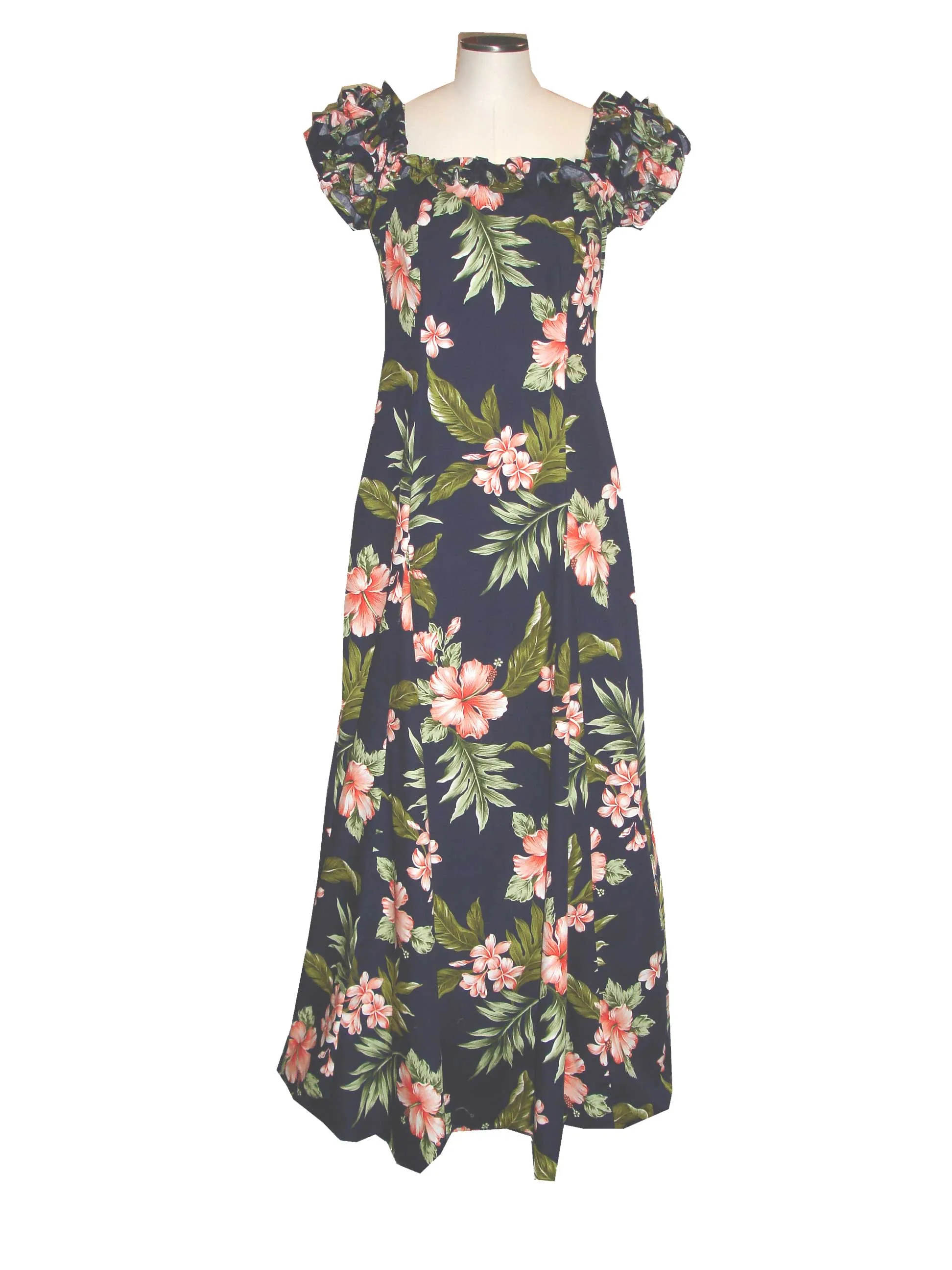 Off-shoulder Ruffle Long Muumuu Dress Coral Hibiscus Design for Beach Wedding Outfits