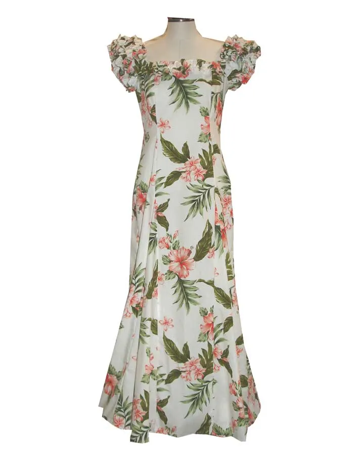 Off-shoulder Ruffle Long Muumuu Dress Coral Hibiscus Design for Beach Wedding Outfits