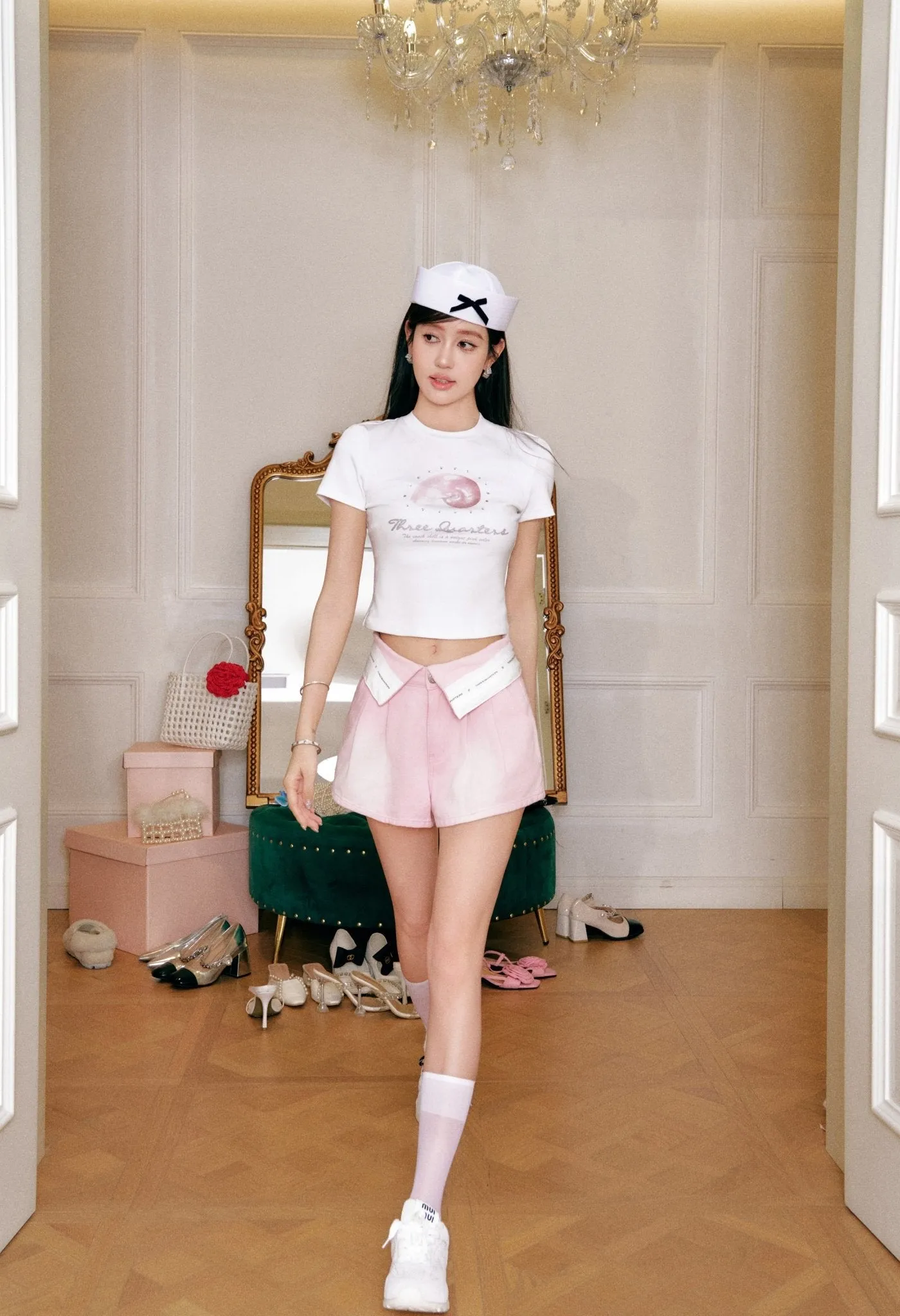 Pink Custom Webbing Flip Front Denim Shorts