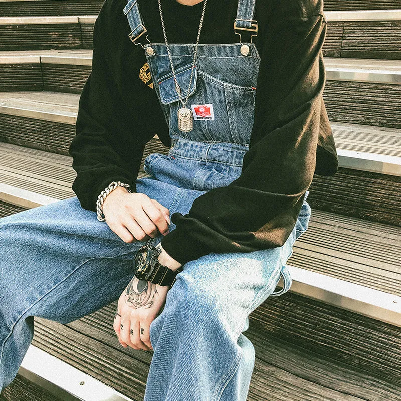 Privathinker New Men Denim Suspender Trousers Washed Loose Straight Male Overalls Korean Style Women Jeans Vintage Pants