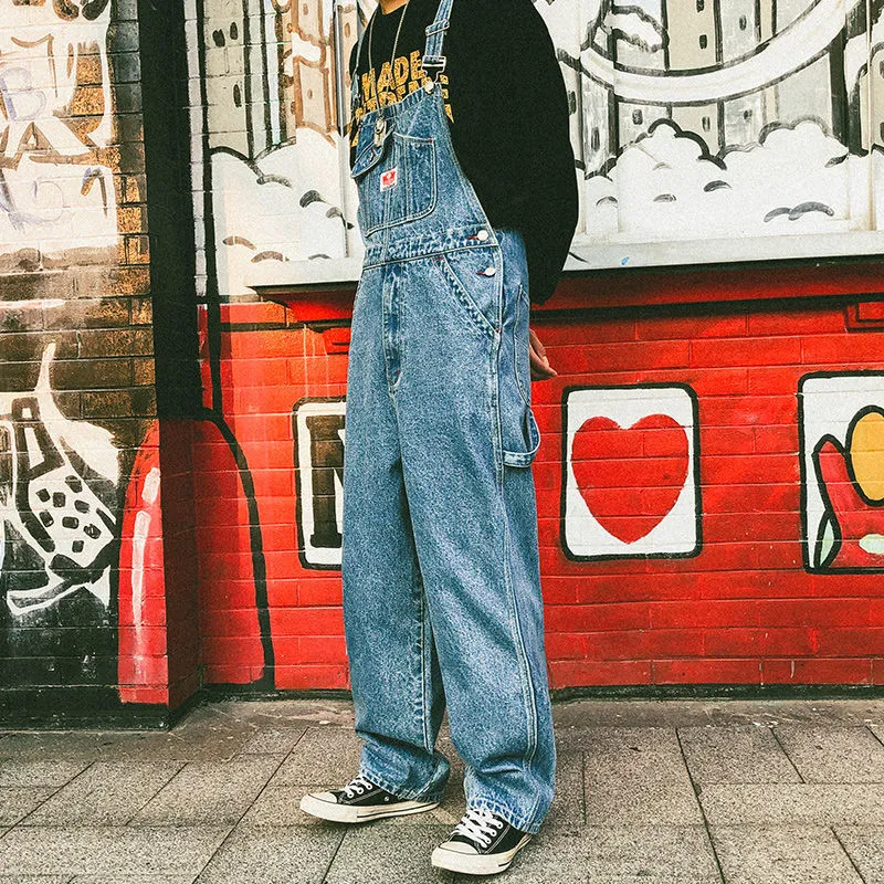 Privathinker New Men Denim Suspender Trousers Washed Loose Straight Male Overalls Korean Style Women Jeans Vintage Pants