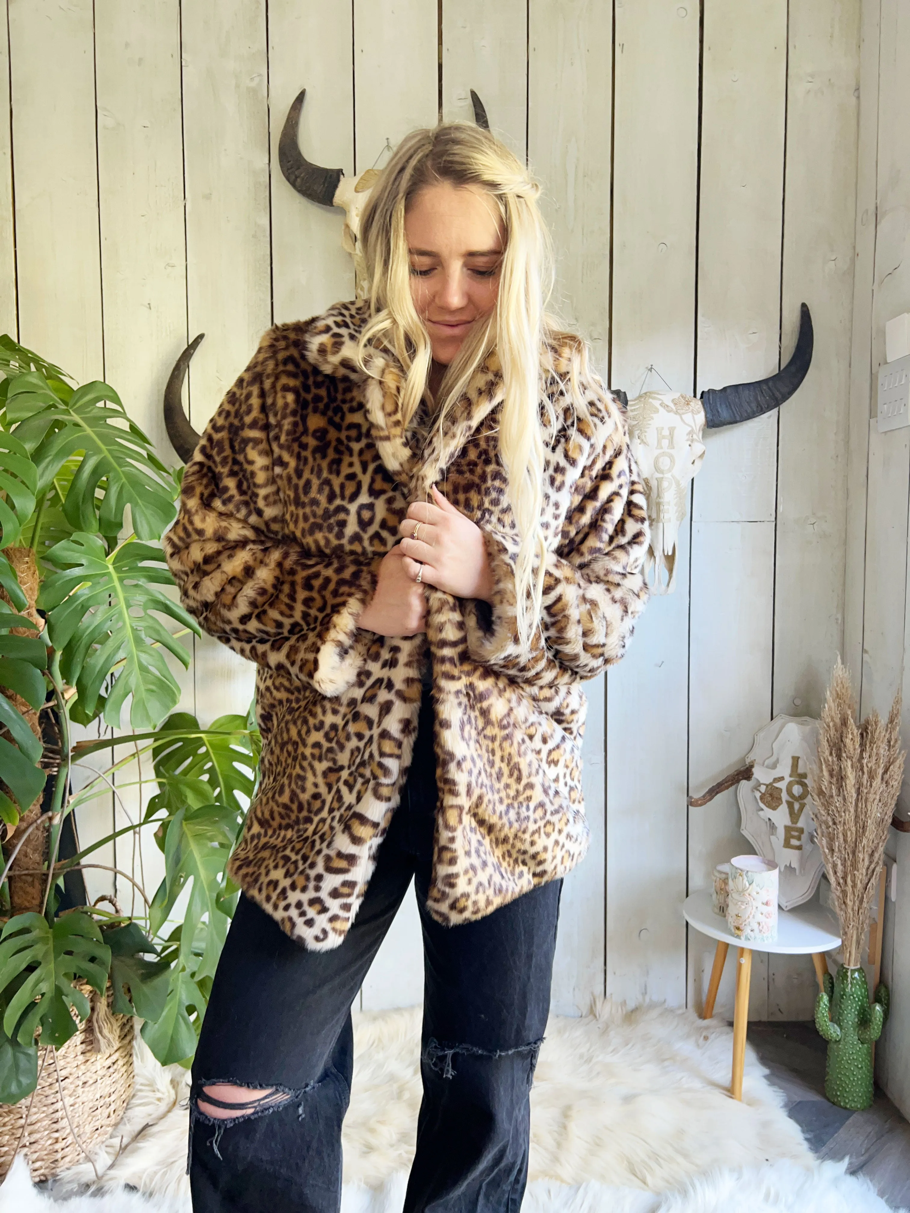 'Rock And Roll' Embroidered, Leopard Print, Faux Fur Coat